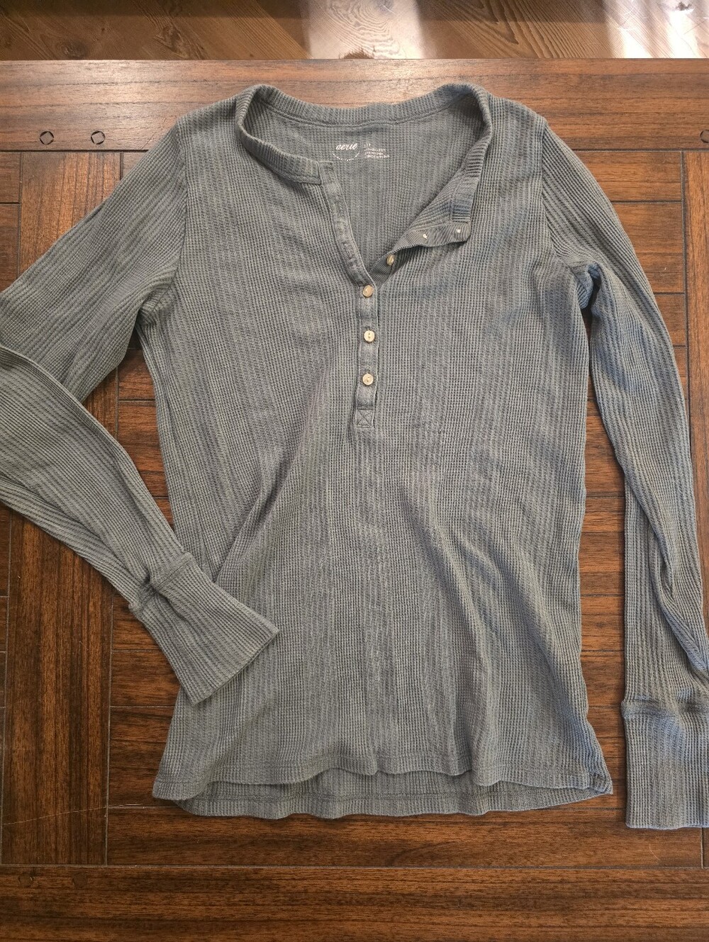 Neutral Gray/green Waffle Henley Long-Sleeve Shirt - 4 Buttons
